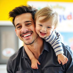 A joyful scene depicting a man with a charming smile, playfully interacting with a young child who is hanging out from his neck in a safe and affectionate manner