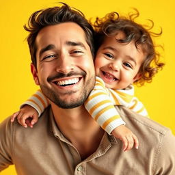 A joyful scene depicting a man with a charming smile, playfully interacting with a young child who is hanging out from his neck in a safe and affectionate manner