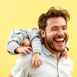 A joyful scene depicting a man with a charming smile, playfully interacting with a young child who is hanging out from his neck in a safe and affectionate manner