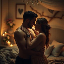 A sensual and intimate scene of an adult couple in a cozy bedroom setting