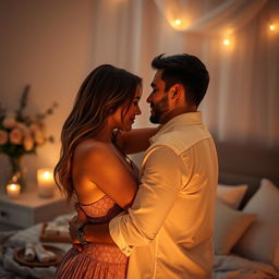 A sensual and intimate scene of an adult couple in a cozy bedroom setting