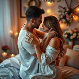 A sensual and intimate scene of an adult couple in a cozy bedroom setting