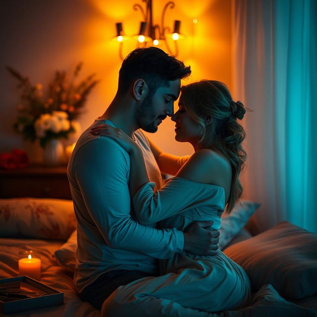 A sensual and intimate scene of an adult couple in a cozy bedroom setting