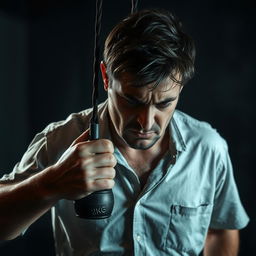 A dramatic scene depicting a man with a concerned expression, struggling under the weight of a heavy 2kg weight hanging around his neck