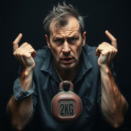 A dramatic scene depicting a man with a concerned expression, struggling under the weight of a heavy 2kg weight hanging around his neck