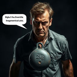 A dramatic scene depicting a man with a concerned expression, struggling under the weight of a heavy 2kg weight hanging around his neck