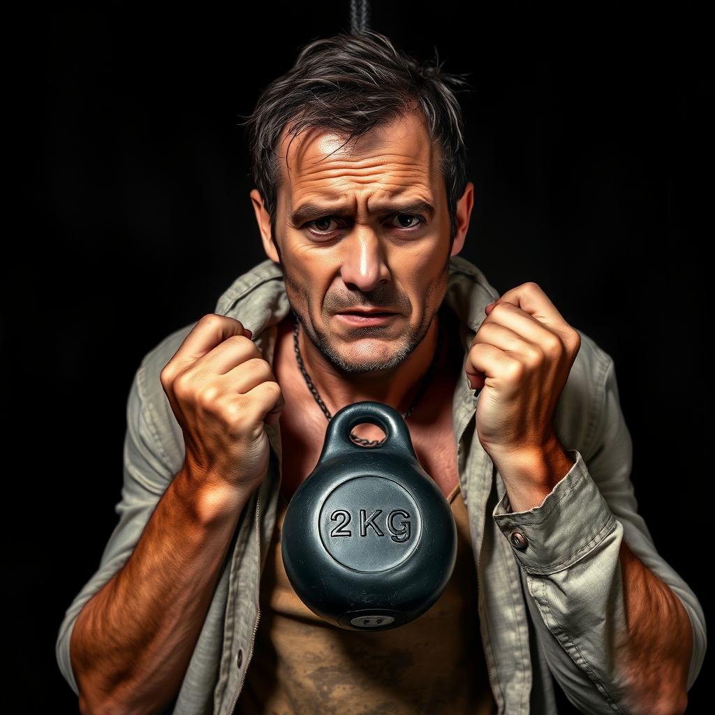 A dramatic scene depicting a man with a concerned expression, struggling under the weight of a heavy 2kg weight hanging around his neck