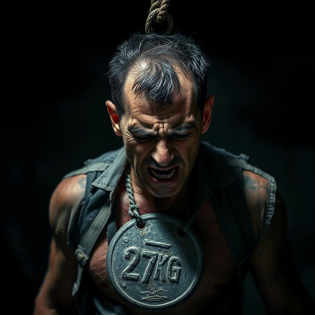 A powerful and intense scene showing a man with a strained expression, struggling under the burden of a heavy 27kg weight hanging from his neck
