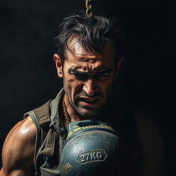 A powerful and intense scene showing a man with a strained expression, struggling under the burden of a heavy 27kg weight hanging from his neck
