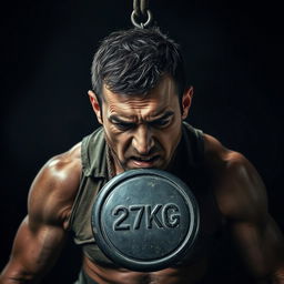 A powerful and intense scene showing a man with a strained expression, struggling under the burden of a heavy 27kg weight hanging from his neck
