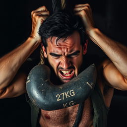 A powerful and intense scene showing a man with a strained expression, struggling under the burden of a heavy 27kg weight hanging from his neck
