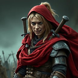 An ugly and rugged human woman warrior with dark blonde hair, wearing a billowing red cloak that highlights her fierce character