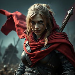 An ugly and rugged human woman warrior with dark blonde hair, wearing a billowing red cloak that highlights her fierce character