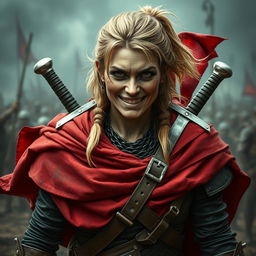 An ugly and rugged human woman warrior with dark blonde hair, wearing a billowing red cloak that highlights her fierce character