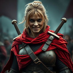 An ugly and rugged human woman warrior with dark blonde hair, wearing a billowing red cloak that highlights her fierce character