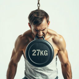 A powerful scene featuring a tormented man with a strained expression, struggling under the burden of a heavy 27kg weight hanging from his neck