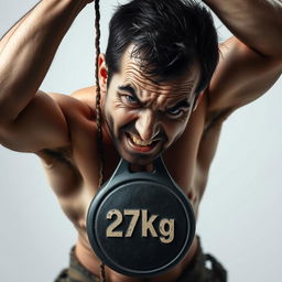 A powerful scene featuring a tormented man with a strained expression, struggling under the burden of a heavy 27kg weight hanging from his neck