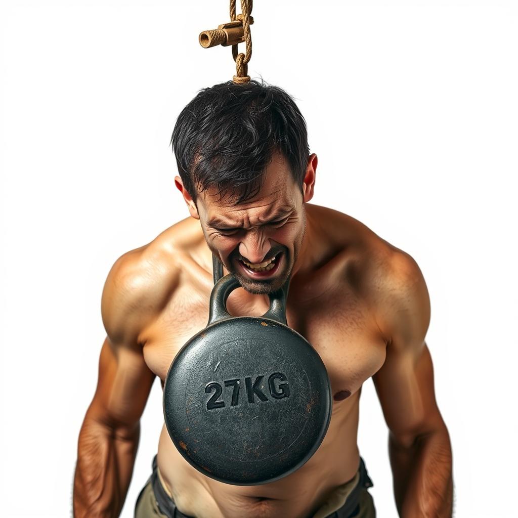 A powerful scene featuring a tormented man with a strained expression, struggling under the burden of a heavy 27kg weight hanging from his neck