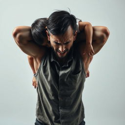 A dramatic and intense scene featuring a man with a distressed expression, struggling under the burden of a 27kg child resting on his neck, portraying a sense of torment and overwhelming responsibility