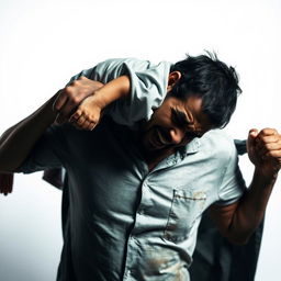 A dramatic and intense scene featuring a man with a distressed expression, struggling under the burden of a 27kg child resting on his neck, portraying a sense of torment and overwhelming responsibility