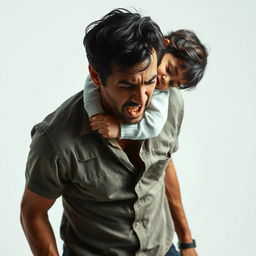 A dramatic and intense scene featuring a man with a distressed expression, struggling under the burden of a 27kg child resting on his neck, portraying a sense of torment and overwhelming responsibility