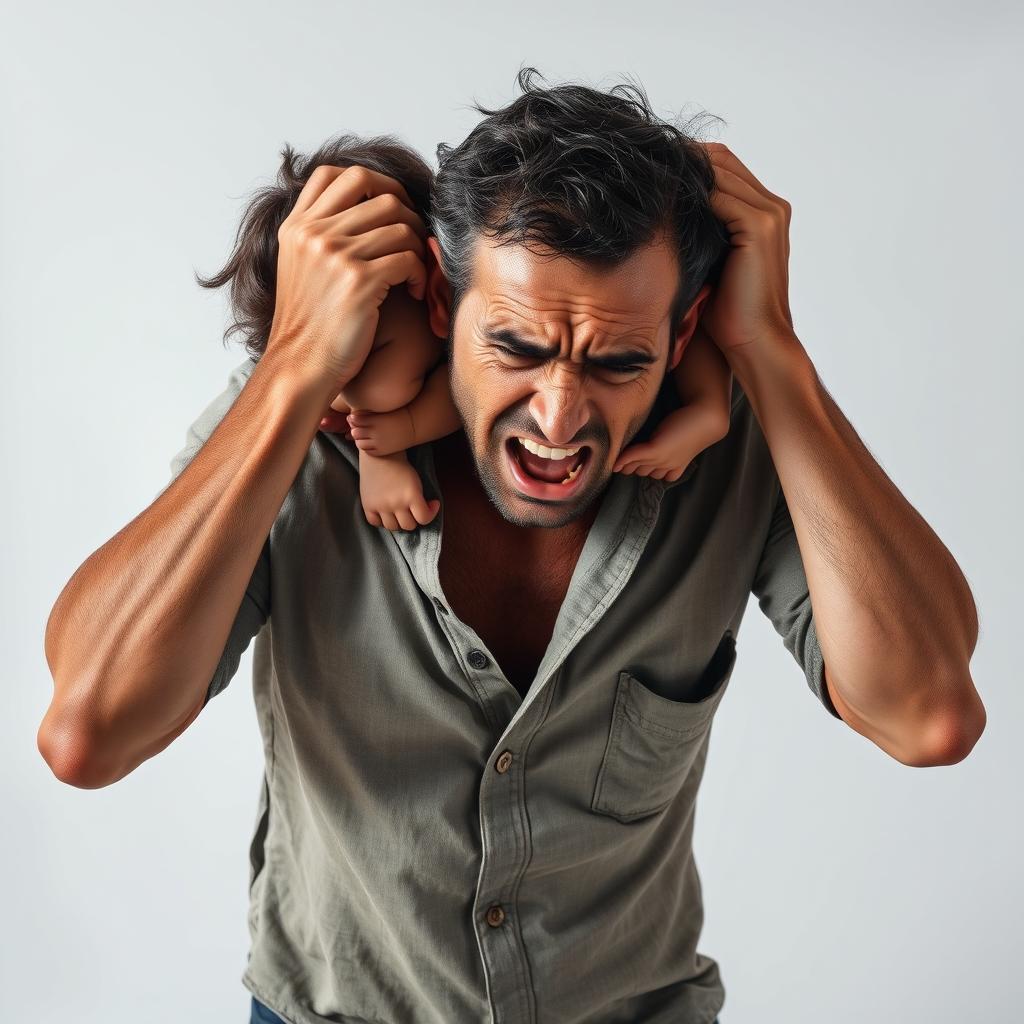 A dramatic and intense scene featuring a man with a distressed expression, struggling under the burden of a 27kg child resting on his neck, portraying a sense of torment and overwhelming responsibility