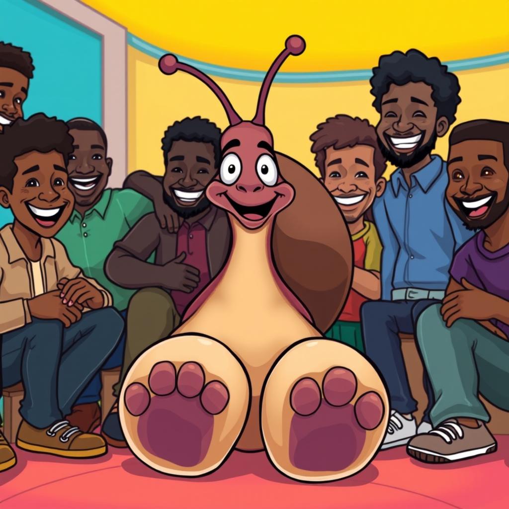 A whimsical scene featuring an anthropomorphic enymen snail with exaggerated, oversized feet