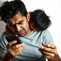 An evocative scene depicting a man with a distressed expression, struggling under the weight of a 27kg child resting heavily on his neck