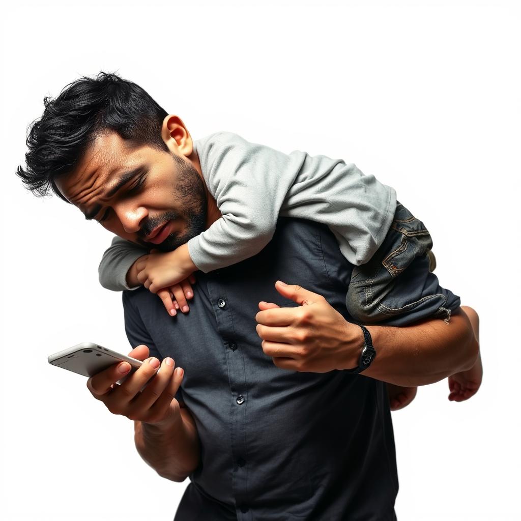 An evocative scene depicting a man with a distressed expression, struggling under the weight of a 27kg child resting heavily on his neck