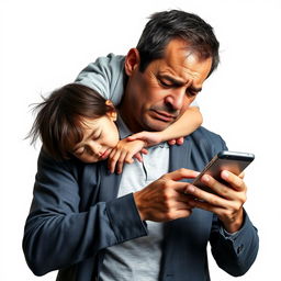 An evocative scene depicting a man with a distressed expression, struggling under the weight of a 27kg child resting heavily on his neck