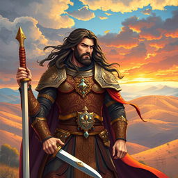 A stunning illustration of Sohrab, the legendary hero from Shahnameh, depicted as a tall and muscular warrior with long flowing hair, wearing ornate Persian armor adorned with intricate patterns and jewels