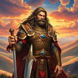 A stunning illustration of Sohrab, the legendary hero from Shahnameh, depicted as a tall and muscular warrior with long flowing hair, wearing ornate Persian armor adorned with intricate patterns and jewels