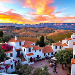 A picturesque Spanish landscape featuring a vibrant sunset over the rolling hills of Andalusia