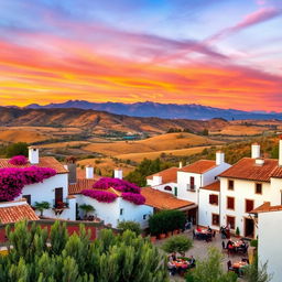 A picturesque Spanish landscape featuring a vibrant sunset over the rolling hills of Andalusia