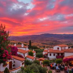 A picturesque Spanish landscape featuring a vibrant sunset over the rolling hills of Andalusia