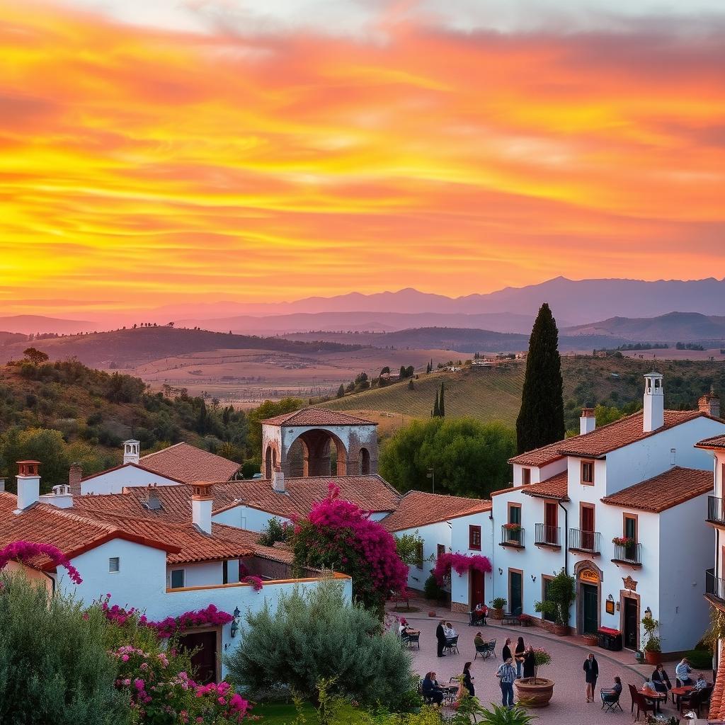 A picturesque Spanish landscape featuring a vibrant sunset over the rolling hills of Andalusia