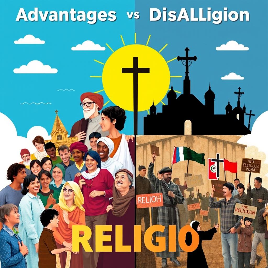 A visually engaging collage illustrating the advantages and disadvantages of religion