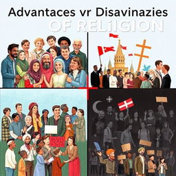 A visually engaging collage illustrating the advantages and disadvantages of religion