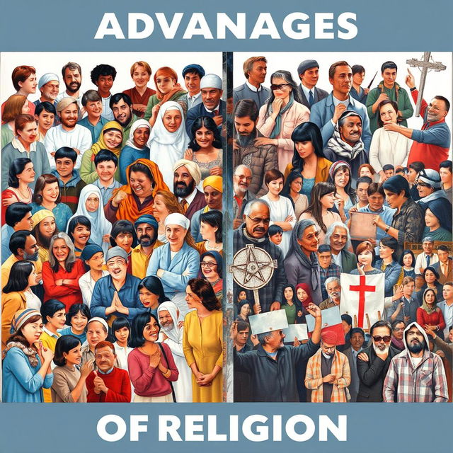 A visually engaging collage illustrating the advantages and disadvantages of religion