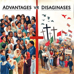 A visually engaging collage illustrating the advantages and disadvantages of religion