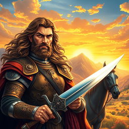 A powerful and heroic portrait of Sohrab from the Shahnameh, depicted in a lush, vibrant landscape