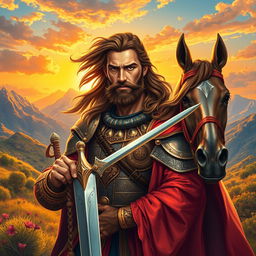 A powerful and heroic portrait of Sohrab from the Shahnameh, depicted in a lush, vibrant landscape