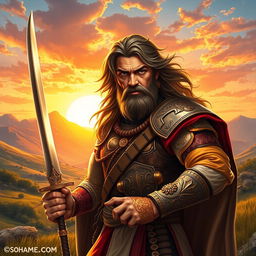 A powerful and heroic portrait of Sohrab from the Shahnameh, depicted in a lush, vibrant landscape