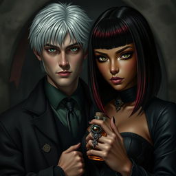 Draco Malfoy from Harry Potter standing confidently alongside Liv, a character with dark skin and an intriguing presence