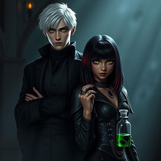 Draco Malfoy from Harry Potter standing confidently alongside Liv, a character with dark skin and an intriguing presence