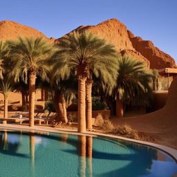 An exotic hotel nested in the heart of Siwa Oasis with lush palm trees, crystalline pools, and characteristic desert architecture.