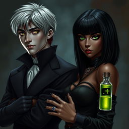 Draco Malfoy from Harry Potter standing confidently alongside Liv, a character with dark skin and an intriguing presence