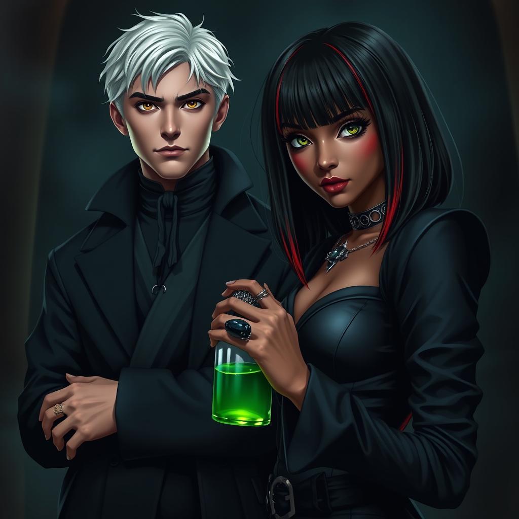 Draco Malfoy from Harry Potter standing confidently alongside Liv, a character with dark skin and an intriguing presence