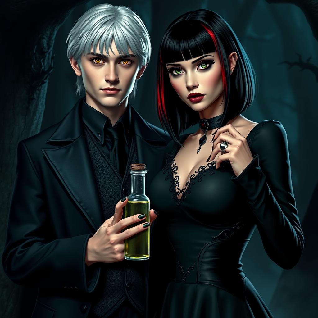 Draco Malfoy from Harry Potter standing confidently next to a dark-haired, villainous character named Liv