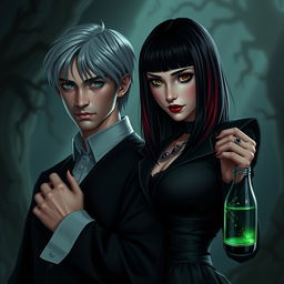 Draco Malfoy from Harry Potter standing confidently next to a dark-haired, villainous character named Liv